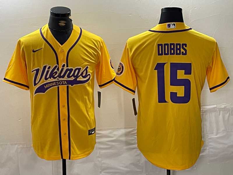 Men%27s Minnesota Vikings #15 Josh Dobbs Yellow With Patch Cool Base Stitched Baseball Jersey